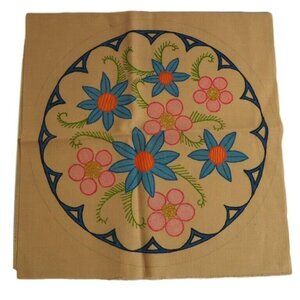 Vtg Linen Liquid Embroidery Doily Wall Art 14” Round Floral Mid Century Art Deco